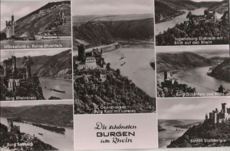 Ansichtskarte Rhein - Burgen, u.a. Burg Sooneck - ca. 1955 aus der Kategorie Rhein