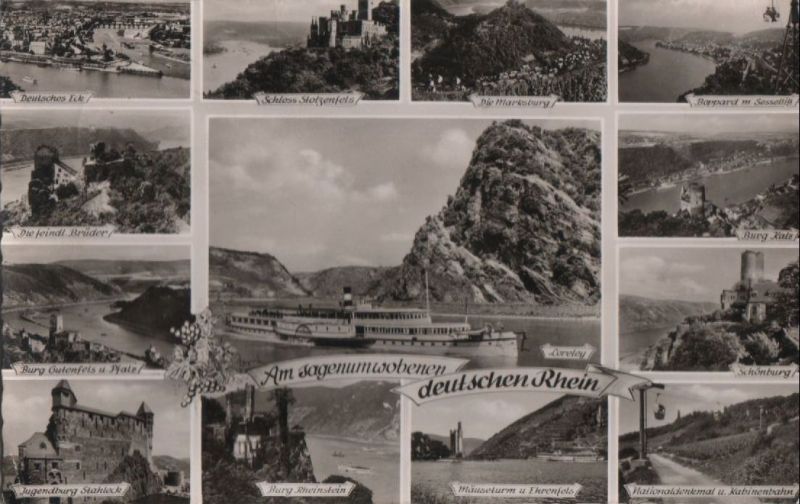 Ansichtskarte Rhein - u.a. Burg Gutenfels und Pfalz - 1963 aus der Kategorie Rhein