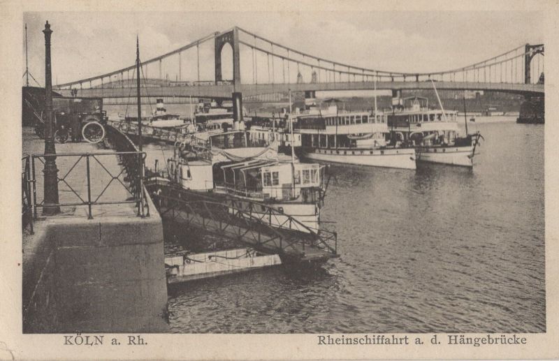 Ansichtskarte Köln - Rheinschifffahrt an Hängebrücke aus der Kategorie Köln